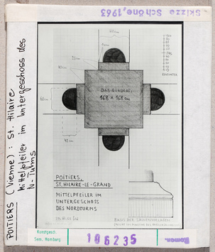 Vorschaubild Poitiers: Saint-Hilaire, Nordturm, Untergeschoss, Mittelpfeiler. Skizze Wolfgang Schöne 1963 